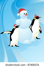 Snowman with Penguins on abstract blue background