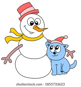 un muñeco de nieve y un gato mascota son amigos. ilustración vectorial del dibujo del doodle de dibujos animados