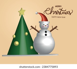 Snowman and pine tree 3d illustration, christmas banner, vector illustration
