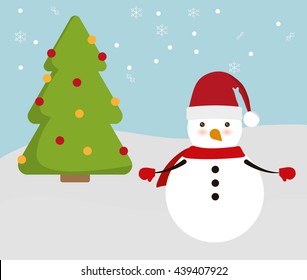 Snowman and pine tree cartoon icon. Merry Christmas design. 