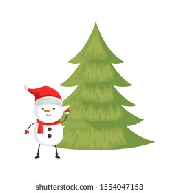 snowman with pine tree of merry christmas vector illustration design