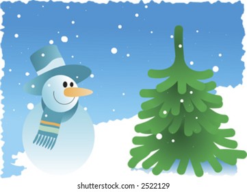 snowman with pine tree on a snowy background