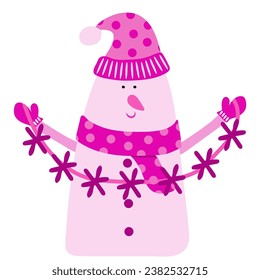 Snowman in pink colors with a garland of snowflakes on a white background. Pink Christmas and New Year

