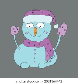 Snowman in a pink hat and scarf. Vector illustration. Drawn by hand in a doodle style. Coloring pages for children and adults. Cartoon character. Isolated.