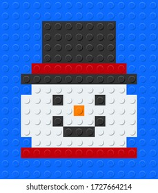 Snowman from plastic building bricks blocks toy. Blue background. vector illustration.