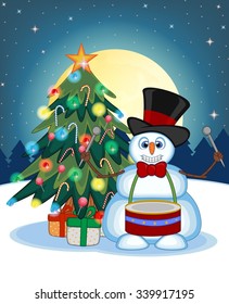 Snowman Playing Drums Wearing A Hat And A Bow Ties With Christmas Tree  And Full Moon At Night Background For Your Design Vector Illustration