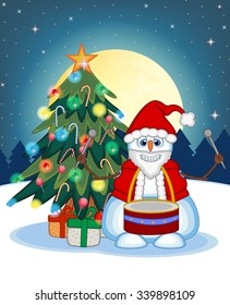  Snowman Playing Drums Wearing A Santa Claus Costume With Christmas Tree  And Full Moon At Night Background For Your Design Vector Illustration