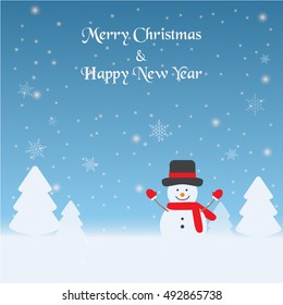 snowman playing on the snow, season greeting merry christmas and happy new year vector design illustration