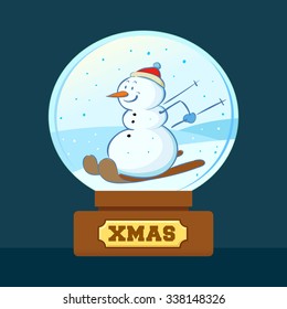 Snowman playing ski inside a crystal ball, vector cartoon