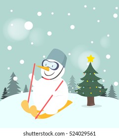 Snowman playing ski on snow background.