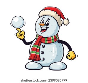 snowman is playing snowballs and wearing christmas hat cartoon mascot illustration character vector clip art
