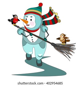 Snowman playing with two birds
