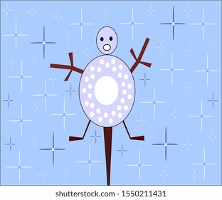 Snowman plugged into a tree stalk.