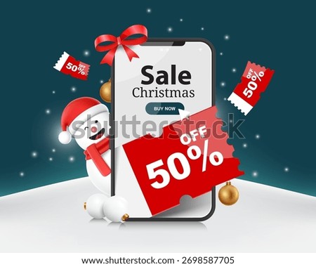 A snowman pokes its head out from the side of a smartphone with a red 50% off promotion sign for a Christmas or New Year promotional design, vector 3d illustration for online shopping concept design