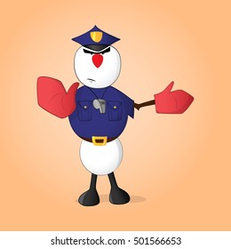 Snowman policeman with whistle showing gesture to stop and move to the right
