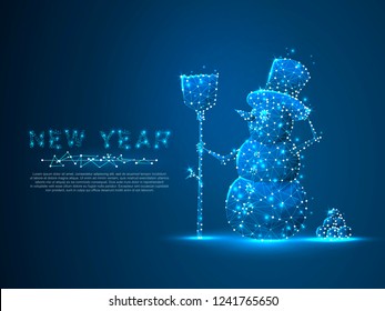 Snowman Polygonal space low poly with connecting dots and lines. Winter holiday snowman with a broom wireframe concept. Connection structure. Vector on dark blue background