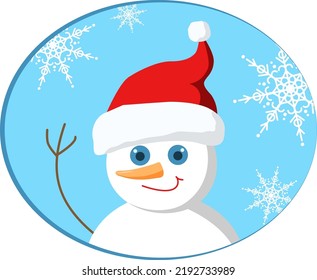 Snowman portrait on blue light background with snowflakes.