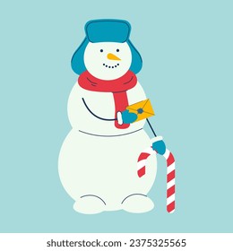 Snowman postman with letter in hand. Winter Character with lolipop cane. Snow man with earflap hat, scarf send writing Santa. Vector illsutration