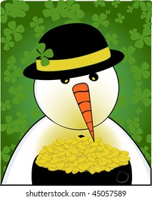 Snowman & Pot of Gold - Snowman stares at pot of gold while shamrocks fall in the background