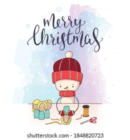 snowman preparing a doll for christmas gifts
