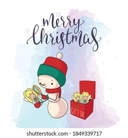 snowman preparing a doll for christmas gifts