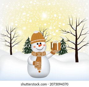 Snowman with present, vector illustration