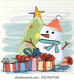 Snowman with presents box and Christmas tree hand drawn style on old notebook paper square background graphic illustration. Merry Christmas and Happy New Year greeting card.
