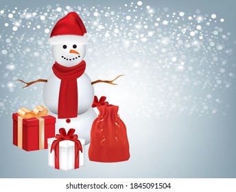 Snowman with presents on blurred  background, vector