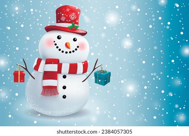 A snowman with presents, wearing a red hat and striped scarf. Merry Christmas and Happy New Year.