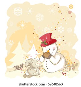 Snowman protecting his nose - Vector illustration of little rabbit and snowman - Everything grouped for easy use