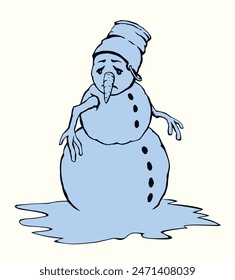 Snowman in puddle. Vector drawing.
