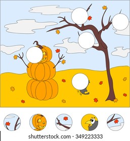 Snowman of pumpkins, autumn tree and surprised raven. Vector illustration. Educational game for kids