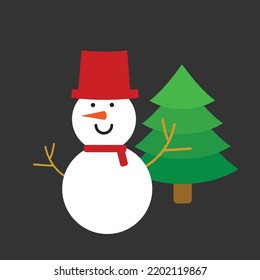 snowman Put on a red hat and scarf. with Christmas tree