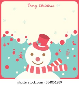 Snowman put on red hat and scarves decorated with ornaments on red border for Christmas card.
