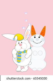 snowman and rabbit on pink background
