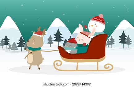 Snowman, rabbit, penguin with Reindeer Sleigh in winter scene design element for invitation card, New Year, Christmas. Design elements for the web, cards and publication