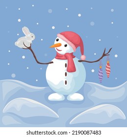 A snowman with a rabbit. Winter illustration depicting a cute snowman with Christmas tree toys. A cheerful snowman in a hat and scarf holds a rabbit in his hands. Vector illustration of Christmas.