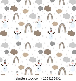 Snowman and rainbow seamless vector pattern. Print for women and children, textiles, stationery, wrapping paper.