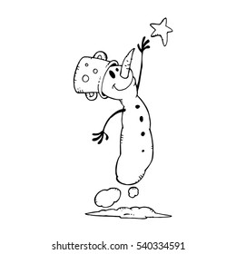 Snowman reaching for a star freehand drawing vector illustration on white background