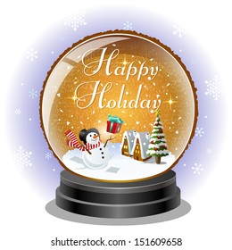 Snowman receiving a christmas gift box in snow globe. Holiday message.File includes Transparency, Clipping mask.