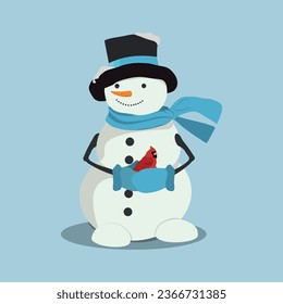 Snowman and red bird isolated background. Vector illustration