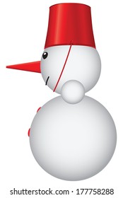 Snowman with a red bucket. Cartoon vector illustration.