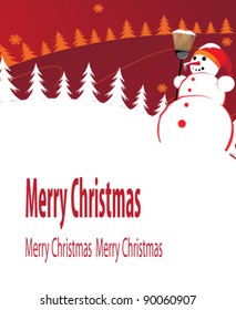 Snowman in a red cap with a broom on a snowy background