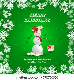 A snowman in a red cap emerges from a gift package on a green background and golden snowflakes. Festive greeting card for Christmas and New Year