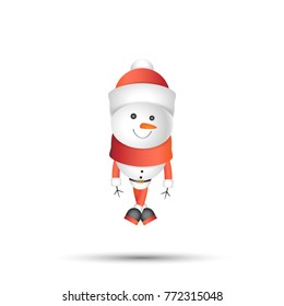 Snowman in red cap isolated on white background. Vector cartoon characters for new year and christmas