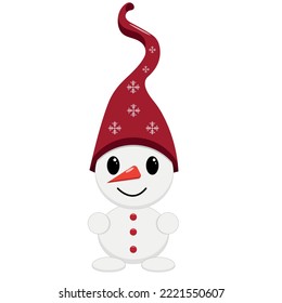  Snowman with a red cap on his head isolated on a white background. Vector illustration