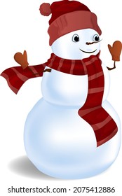 A snowman in a red cap and scarf waves his hands