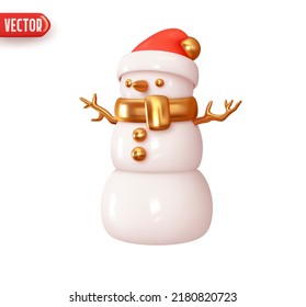 Snowman in red Christmas hat. Festive cute character. Realistic 3d design element In plastic cartoon style. Icon isolated on white background. Vector illustration