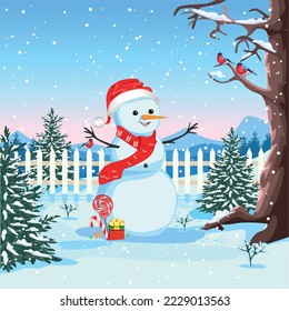 Snowman in a red Christmas hat and scarf on a winter background. Merry christmas and new year. Vector illustration of a cheerful and friendly snowman in cartoon style on the background of a winter lan