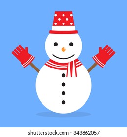 snowman with red glove on blue background.